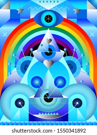 Ice and Rainbow modern art vector design. Abstract figures of blue ice and a rainbow above them. 