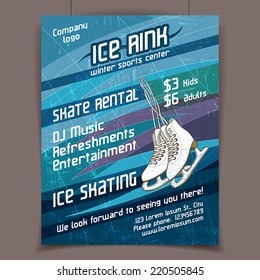 Ice rink advertising poster on scratched ice winter vector background