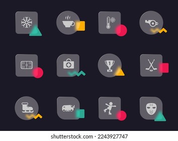 ice rink glass morphism trendy style icons. ice rink transparent glass vector icons with color memphis figures. for web and ui design, mobile apps and promo business advertising