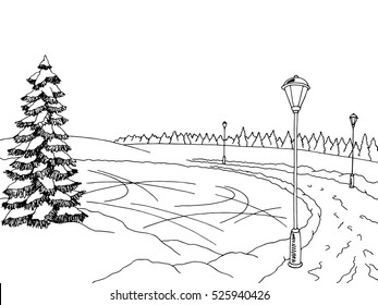 Ice rink graphic black white winter landscape sketch illustration vector