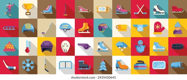 Ice rink icons set flat vector. Activity athlete champion. Skate winter children