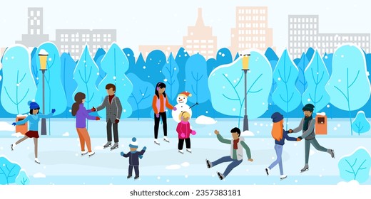 Ice rink on big city street. Adults and children happy ice skate on street against background urban buildings snowflakes falling. Friends at ice-skating outdoor rink merry christmas winter holidays
