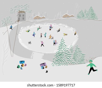 Ice rink on a frozen lake. Many silhouettes of skaters in different poses.