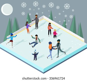 Ice rink with people isometric style. Ice skating, sport winter, skate and skating, cold season, outdoor activity, lifestyle motion, skater exercise, speed active recreation illustration