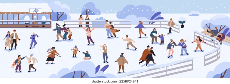 Ice rink with people skating. Outdoor public park for winter activity, entertainment, fun, leisure. Skaters crowd on vacation, holiday, landscape panorama with snow. Flat vector illustration