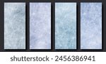 Ice rink scratched surface with realistic texture. Empty vertical background set of blue colors. Vector template for roll up banner or stories design, hockey, figure skating or curling illustration.