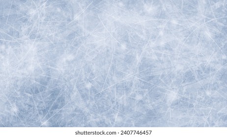 Superficie rayada de hielo con textura realista. Fondo azul claro vacío, cartel horizontal de hd. Plantilla vectorial para hockey, patinaje artístico o curling, diseño deportivo invernal, impresión.
