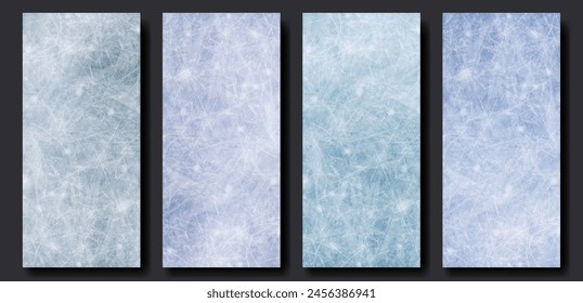 Ice rink scratched surface with realistic texture. Empty vertical background set of blue colors. Vector template for roll up banner or stories design, hockey, figure skating or curling illustration.