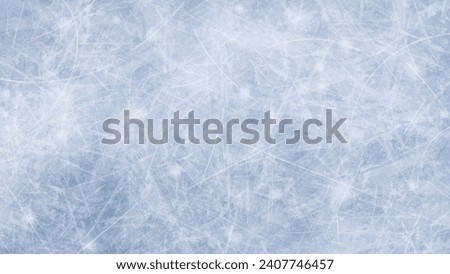 Ice rink scratched surface with realistic texture. Empty light blue background, horizontal hd banner. Vector template for hockey, figure skating or curling illustration, winter sport design, print.