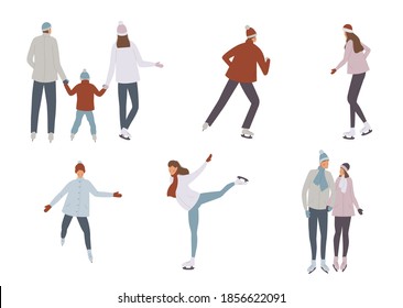 Ice rink with various people skating. Winter ice rink party with cartoon characters and falling snow. Crowd of people dressed in winter clothes ice skating on rink. Vector illustration