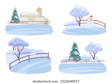 Ice rinks in the city and in the countryside with no people scenes flat vector illustrations set.
