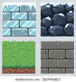 Ice Rock Grass and Stone Wall Pixel Art Vector Terrain Tile Set