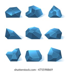 Ice rock pieces vector set. Nature crystal or mineral in blue color illustration