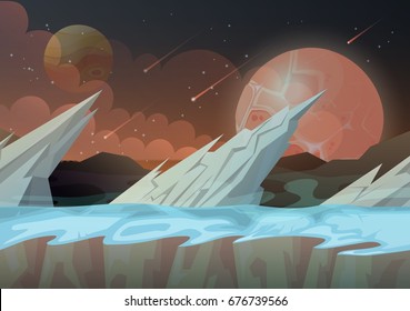 Ice rocks on another planet cartoon scenery of landscape with falling comets and stars at sky. Land relief or terrain panorama. Galaxy and cosmos, space and sci-fi, nature and universe theme