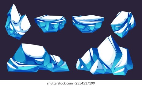 Ice rocks set isolated on black background. Vector cartoon illustration of nordic landscape design elements, iceberg and glacier pieces, arctic snowy islands for adventure game background design