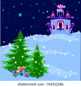 Ice Royal Palace in magic winter illustration, vector
