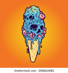 Ice Scream Cone Skull Melting Vector illustrations for your work Logo, mascot merchandise t-shirt, stickers and Label designs, poster, greeting cards advertising business company or brands.