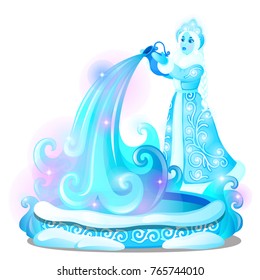 Ice sculpture in the form of a maiden poured the water into the well isolated on white background. Sketch of Christmas festive poster, party invitation, other holiday card. Vector cartoon close-up.