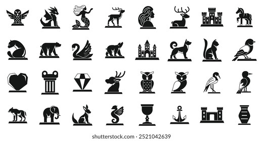 Ice sculpture icons set. Set of heraldic figurines showcasing animals, objects, and mythical creatures in silhouette style