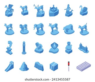Ice sculpture icons set isometric vector. Animals mermaid. Medieval castle statue