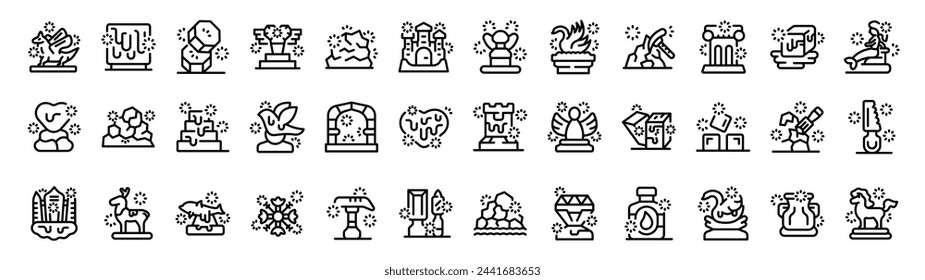 Ice sculpture icons set outline vector. Medieval castle. Animals statue