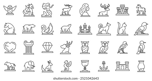 Ice sculpture icons set. Set of simple black and white heraldry statues line icons showing different animals, objects and mythical creatures on pedestals