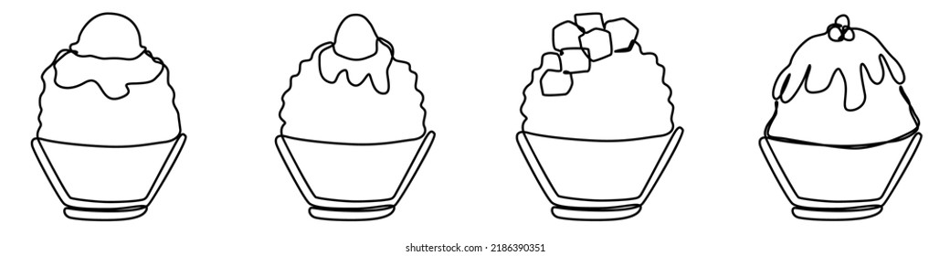 ice shaved bingsu korean japanese style sweet dessert in minimal one continuous line simple design style