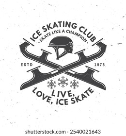 Ice Skate academy logo, badge design. Concept for shirt or logo, print, stamp or tee with skates blades and helmet . Winter sport. Vector illustration.