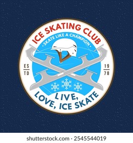 Ice Skate academy logo, badge patch design. Concept for shirt or logo, print, stamp or tee with skates blades and helmet . Winter sport. Vector illustration.