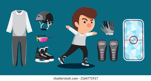 Ice skate athletics player cartoon and equipment set such as helmet, glove, ice skate, pads, glasses, rink. Objects isolated on a blue background.