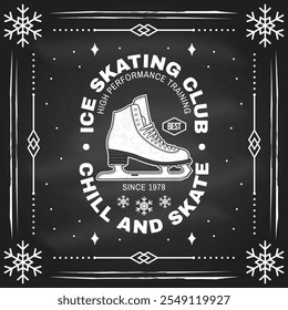 Ice Skate club flyer, poster, banner on the chalkboard. Concept for shirt or logo, print, stamp or tee with skate, skates blades and helmet . Winter sport. Vector illustration.