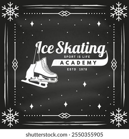 Ice Skate club flyer, poster, banner on the chalkboard. Concept for shirt or logo, print, stamp or tee with skate, skates blades and helmet . Winter sport. Vector illustration.