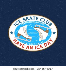 Logo do Ice Skate Club, distintivo, desenho do patch. Conceito para camisa ou logotipo, impressão, selo ou T com patinação no gelo. Esporte de inverno. Ilustração vetorial.