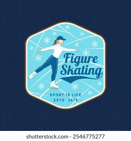 Ice Skate club logo, badge, patch design. Concept for shirt or logo, print, stamp or tee with ice skater girl. Winter sport. Vector illustration.