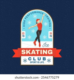 Ice Skate club logo, badge, patch design. Concept for shirt or logo, print, stamp or tee with ice skater girl. Winter sport. Vector illustration.