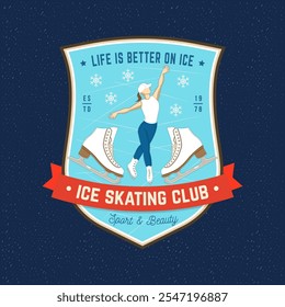 Ice Skate club logo, badge, patch design. Concept for shirt or logo, print, stamp or tee with ice skater girl. Winter sport. Vector illustration.