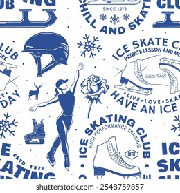 Ice Skate club diseño de patrón sin fisuras. Fondo, Fondo de pantalla, patrón sin fisuras con patín, patines, cuchillas y casco. Deporte de invierno. Ilustración vectorial.