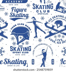 Ice Skate club seamless pattern design. Background, wallpaper, seamless pattern with skate, skates blades and helmet . Winter sport. Vector illustration.