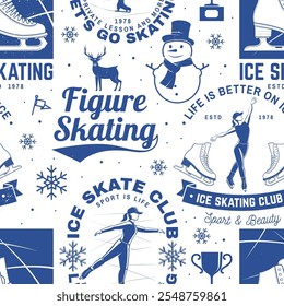 Ice Skate club seamless pattern design. Background, wallpaper, seamless pattern with skate, skates blades and helmet . Winter sport. Vector illustration.