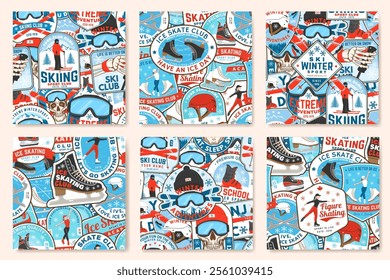 Ice Skate club and ski winter sport club seamless pattern design. Background, wallpaper, seamless pattern with ski pole, skis, ski glasses, skate, skates blades and helmet. Winter sport. Vector