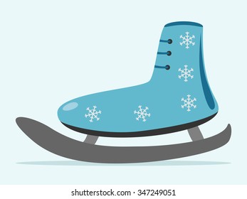 Ice skate decorated with snowflakes isolated on blue background with drop shadow. EPS 8 vector illustration, no transparency