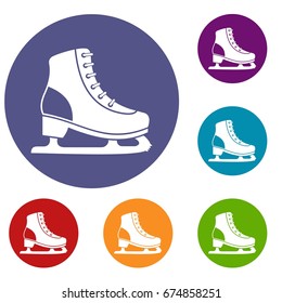Ice skate icons set in flat circle reb, blue and green color for web