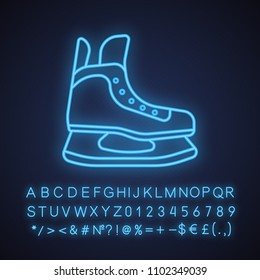 Ice skate neon light icon. Skating boot. Glowing sign with alphabet, numbers and symbols. Vector isolated illustration