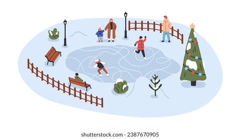 Ice skate rink on winter holidays. Families with children, kids skating outdoors. Tiny people during wintertime vacation activity, fun. Flat graphic vector illustration isolated on white background