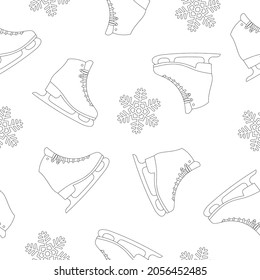 Ice skate seamless pattern. Figure skates and snowflakes on white background. Line art. Vector illustration