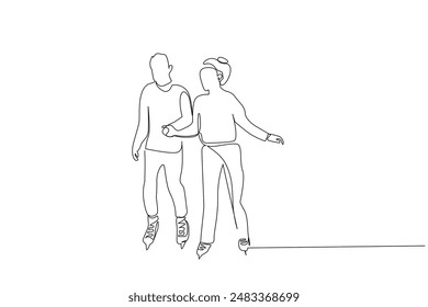 ice skate shoes people couple friends together sport winter hobby one line art design vector