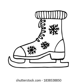 Ice skate with snowflakes. Ice skate clip art isolated on white background. Christmas doodle for fun, greeting cards, decoration. Vector stock illustration.