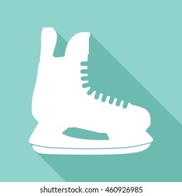 Ice skate vector icon with long shadow. White illustration isolated on green background for graphic and web design.