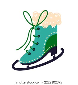 Ice skate vector icon. Winter green shoe with fur, lacing, blade. Flat cartoon illustration isolated on white. Sports equipment for figure skating, hockey. Bright clipart for logos, apps, prints, web