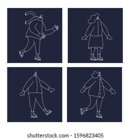 Ice skaters. Four persons isolated on dark cards. Vector illustration.